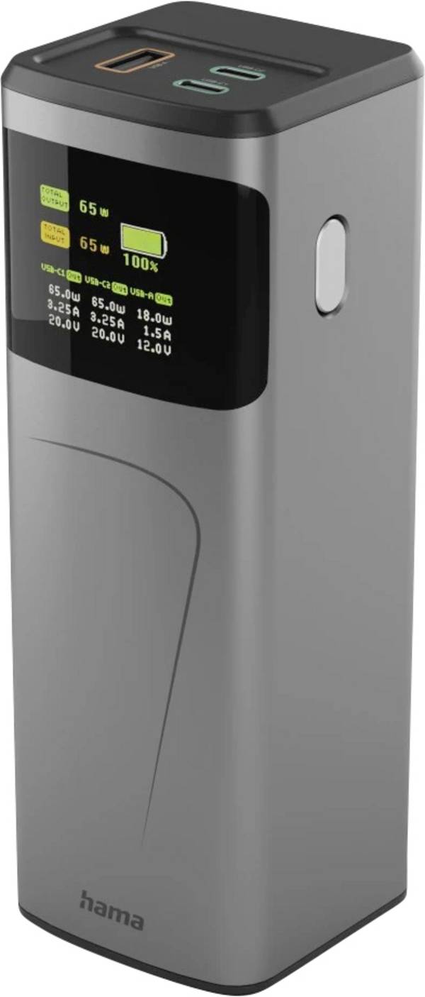 Hama High Power powerbanka Li-Ion, 20000 mAh, Power Delivery 3.0, Quick Charge 3.0, USB-C®, USB-A, šedá, Indikátor stavu