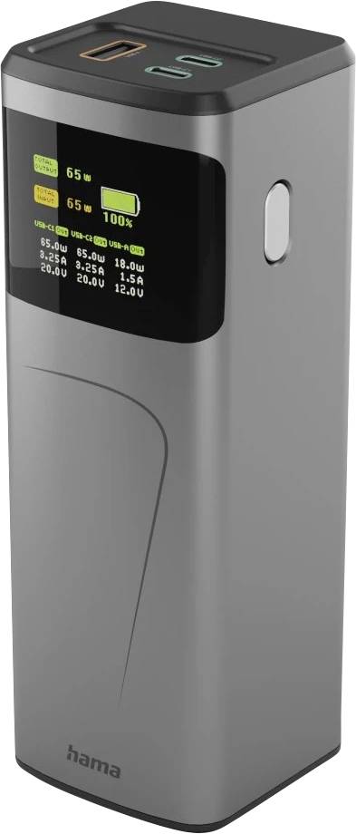 Vysoké, obdélníkové elektronické zařízení s digitálním displejem zobrazujícím úrovně baterie a ikony. Vypadá jako powerbanka nebo nabíječka.