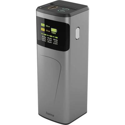 Vysoké, obdélníkové elektronické zařízení s digitálním displejem zobrazujícím úrovně baterie a ikony. Vypadá jako powerbanka nebo nabíječka.