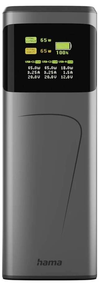 Šedá powerbanka Hama s digitálním displejem, který zobrazuje čtyři USB porty, výstupní parametry a úroveň nabití na 100 %.
