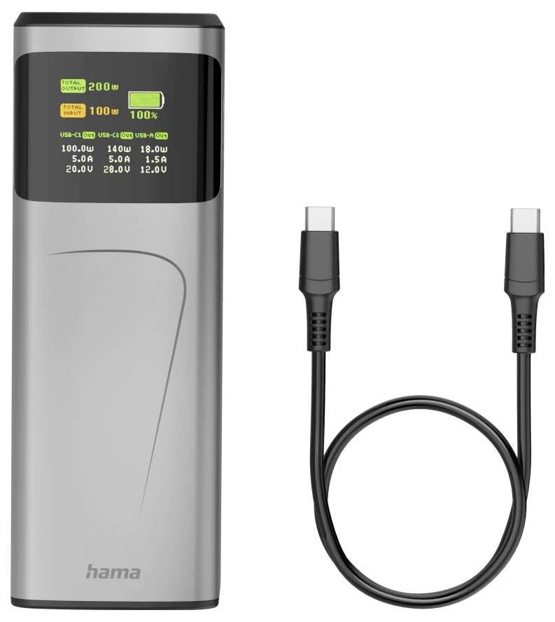 Stříbrná přenosná powerbanka s digitálním displejem zobrazujícím stav baterie, výkon ve wattech a napětí, vedle nabíjecího kabelu USB-C.