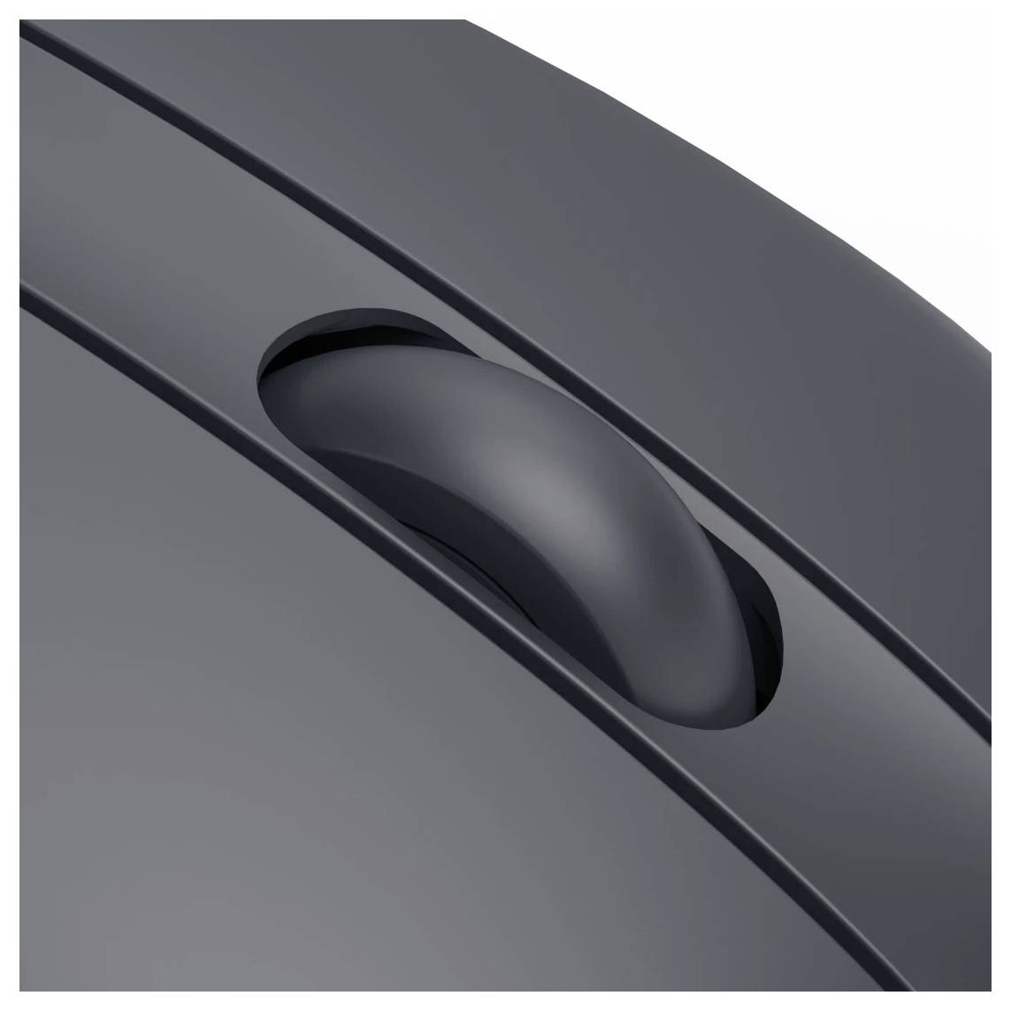 Detailní pohled na šedé kolečko počítačové myši, který zvýrazňuje její hladkou texturu a ergonomický design.