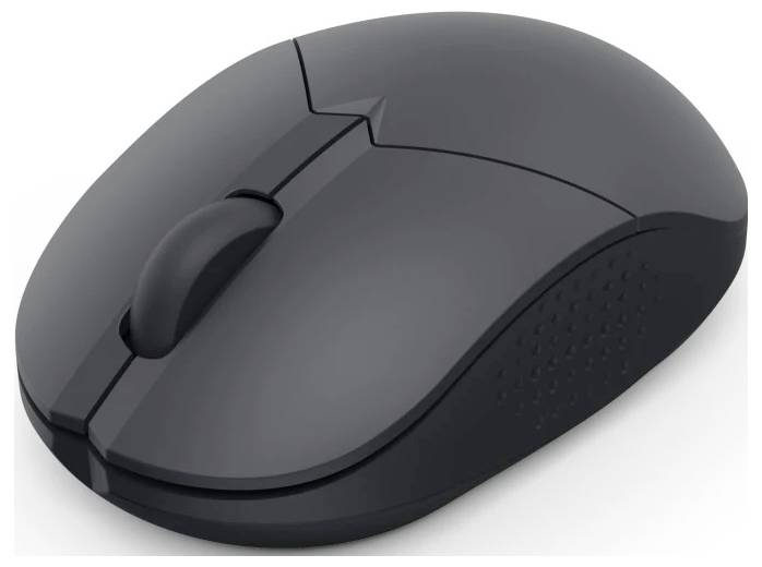 Elegantní, černá bezdrátová počítačová myš s kolečkem a dvěma tlačítky, navržená pro ergonomické použití a přenositelnost.