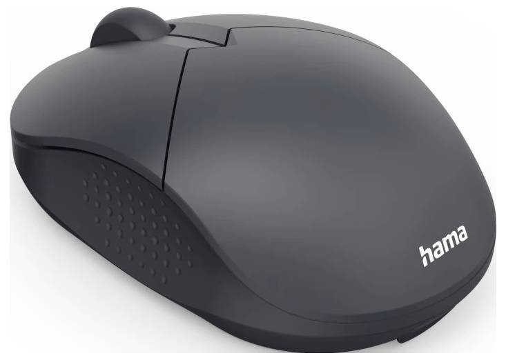 Černá bezdrátová počítačová myš s kolečkem pro posun a ergonomickým designem. Na boku je viditelný název značky „hama".