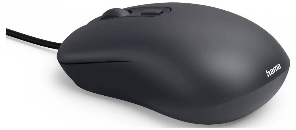 Černá drátová počítačová myš s jednoduchým, ergonomickým designem. Na boku je vytištěn název značky 'hama'.