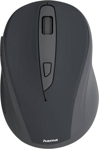 Černá bezdrátová počítačová myš s kolečkem pro posun, dvěma tlačítky a ergonomickým designem, s textem značky 'hama' umístěným na spodní straně.