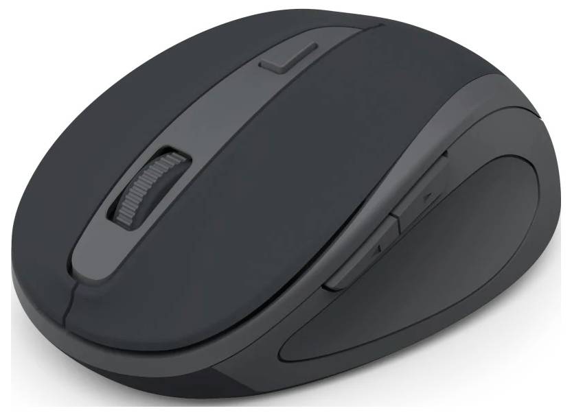 Černá bezdrátová počítačová myš s kolečkem a dvěma bočními tlačítky, navržená pro ergonomické použití.