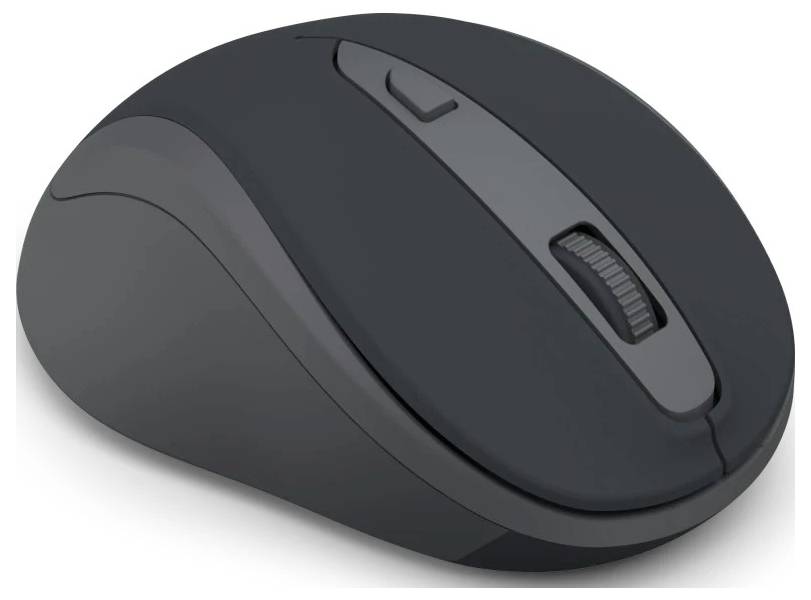 Černá bezdrátová počítačová myš s kolečkem pro scrollování a bočními tlačítky, navržená pro ergonomické použití.