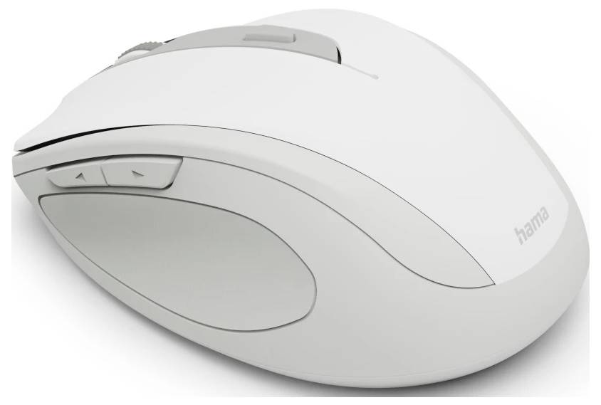 Bílá bezdrátová počítačová myš s kolečkem pro posun a programovatelnými tlačítky, navržená pro ergonomické použití a pohodlí.