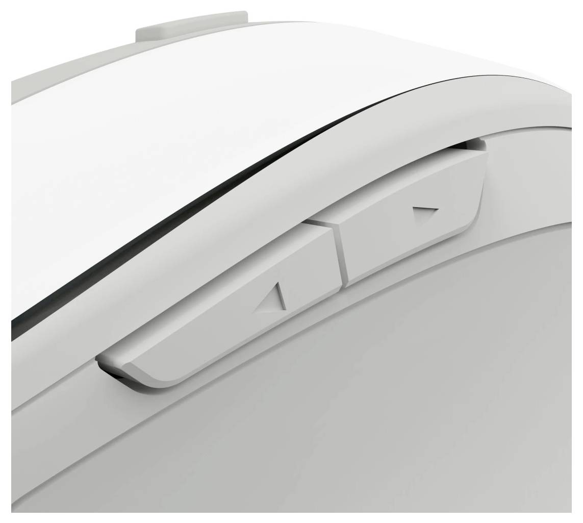 Bílá počítačová myš s navigačními tlačítky vpřed a vzad na boku, navržená pro ergonomické použití.