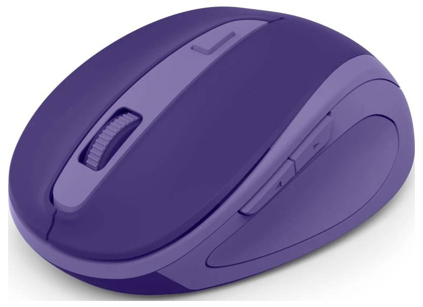 Fialová bezdrátová počítačová myš s postranními tlačítky a kolečkem, navržená pro ergonomické použití.