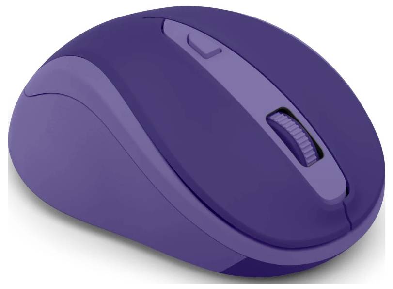 Fialová bezdrátová počítačová myš s kolečkem pro posun, navržená pro ergonomickou podporu ruky.