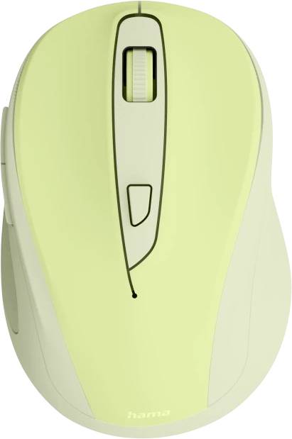 Světle zelená počítačová myš se dvěma tlačítky a kolečkem pro posun umístěným nahoře, navržená pro ergonomický a pohodlný úchop rukou.