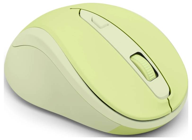 Štíhlá bezdrátová počítačová myš se světle zeleným povrchem a rolovacím kolečkem, navržená pro ergonomický komfort a snadné používání.