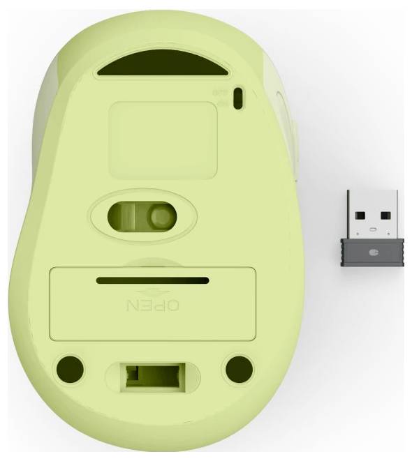 Žlutá počítačová myš s viditelným prostorem na baterii a USB přijímačem umístěným vedle ní.