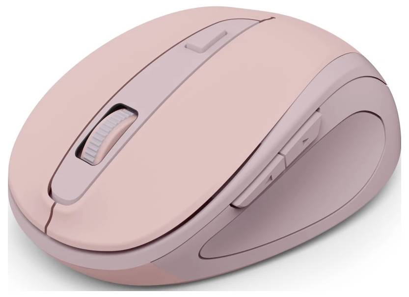 Růžová bezdrátová počítačová myš s postranními tlačítky a kolečkem pro posun, navržená pro ergonomické používání.