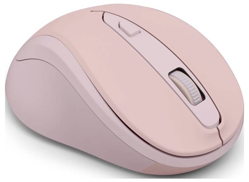 Růžová bezdrátová počítačová myš s tlačítky a kolečkem pro posun, navržená pro ergonomické používání.