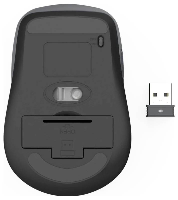 Bezdrátová myš zobrazená z pohledu zespodu s USB přijímačem vedle ní. Viditelný je vypínač, optický snímač a kryt baterie.