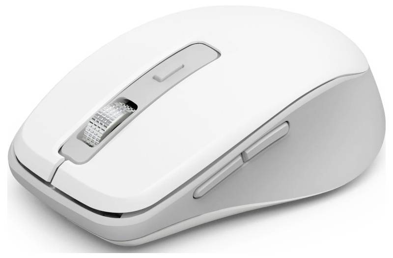 Elegantní bílá počítačová myš se dvěma tlačítky a kolečkem pro posun, navržená pro ergonomický komfort a hladkou navigaci.