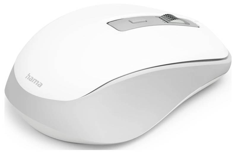 Bílá bezdrátová počítačová myš s kolečkem pro posun a dvěma tlačítky, navržená pro ergonomické používání. Na boku je viditelný název značky.