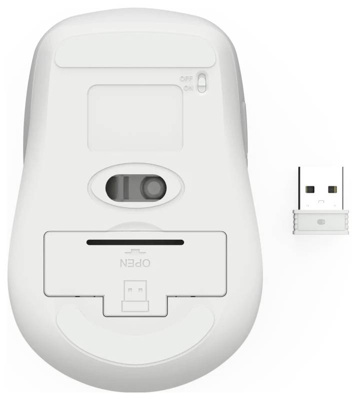 Obrázek spodní části bílé bezdrátové počítačové myši s prostorem na baterie, spínačem napájení a USB přijímačem vedle ní.