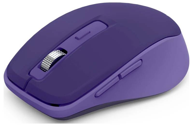 Fialová bezdrátová počítačová myš s kolečkem a dvěma postranními tlačítky, navržená pro ergonomické použití.