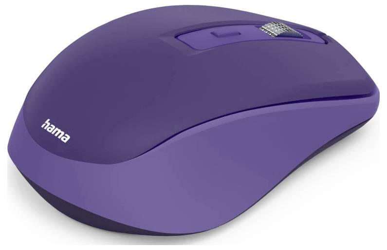 Fialová bezdrátová počítačová myš s rolovacím kolečkem a logem 'hama' na boku, navržená pro ergonomické použití.