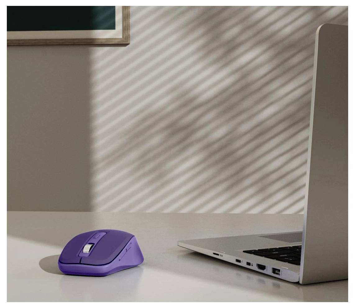 Fialová bezdrátová myš na bílém stole vedle stříbrného laptopu. Sluneční světlo promítá stíny žaluzií na stěnu v pozadí.