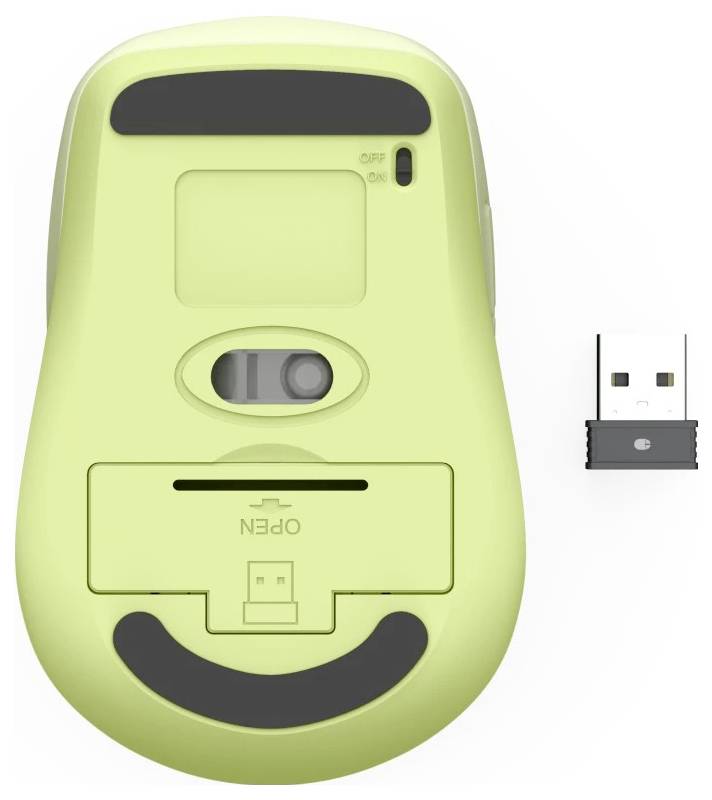 Bezdrátová optická myš pohledem ze spodu, ukazující její senzor, prostor pro baterii a vypínač, spolu s USB přijímačem.