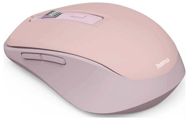 Bezdrátová myš v růžové barvě značky 'hama' s kolečkem pro posun a dvěma postranními tlačítky, navržená pro ergonomické použití a snadnou navigaci.