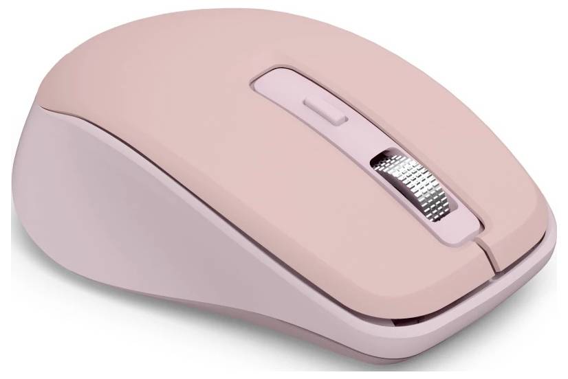 Růžová počítačová myš se stříbrným kolečkem a dvěma tlačítky, určená pro použití s desktopem nebo notebookem.