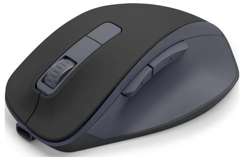 Elegantní černá počítačová myš s kolečkem pro posun a dvěma bočními tlačítky, navržená pro ergonomické použití a bezdrátové připojení.