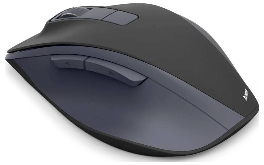 Černá a tmavě šedá bezdrátová počítačová myš s kolečkem pro scrollování a dodatečnými postranními tlačítky, navržená pro ergonomické použití.