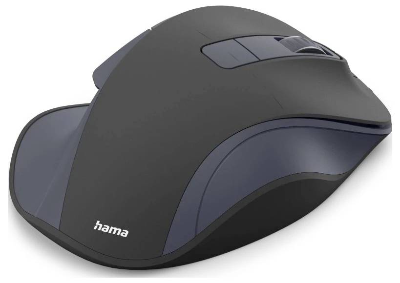 Černá bezdrátová počítačová myš s kolečkem pro scroll a ergonomickým designem. Na boku je vytištěno slovo 'hama'.
