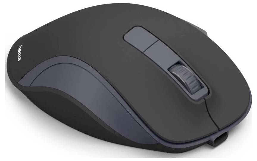 Černá a šedá bezdrátová počítačová myš s ergonomickým designem pro pohodlné uchopení, vybavená dvěma tlačítky a rolovacím kolečkem.
