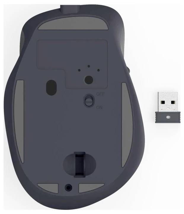 Obrázek ukazuje spodní stranu bezdrátové myši s vypínačem 'ZAP/VYP', vedle kterého je umístěn USB přijímač.