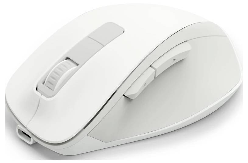 Bílá počítačová myš s kolečkem pro posun a dvěma bočními tlačítky, navržená pro ergonomické uchopení a bezdrátové připojení.
