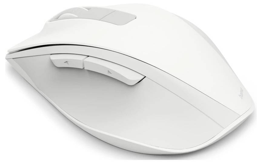 Bílá bezdrátová počítačová myš se dvěma postranními tlačítky vedle rolovacího kolečka, navržená pro ergonomické používání a plynulou navigaci.