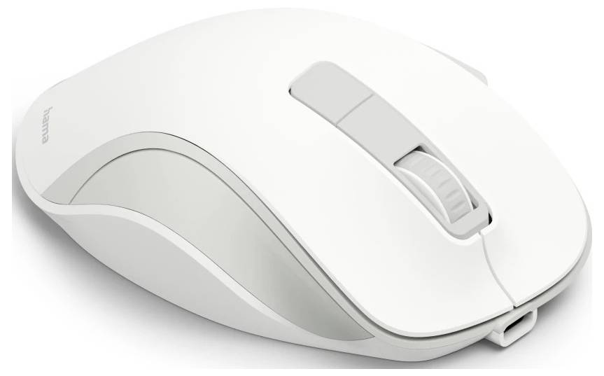Elegantní bílá bezdrátová počítačová myš s rolovacím kolečkem a dvěma tlačítky, vyznačující se minimalistickým designem.