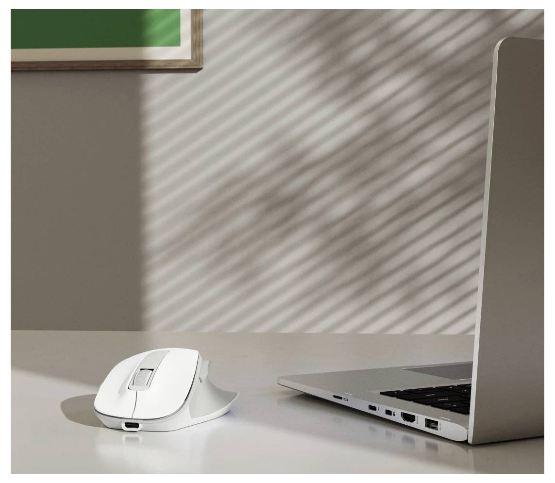 Bílá počítačová myš leží na stole vedle otevřeného laptopu, přičemž sluneční světlo vrhá pruhované stíny na zeď v pozadí.