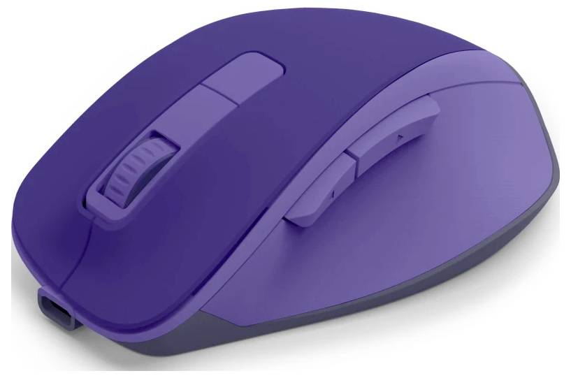 Fialová bezdrátová počítačová myš s kolečkem a dvěma postranními tlačítky, navržená pro ergonomické použití.