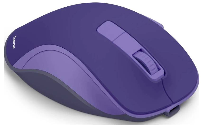 Fialová bezdrátová počítačová myš s kolečkem pro posun a ergonomickým designem, pohled shora.