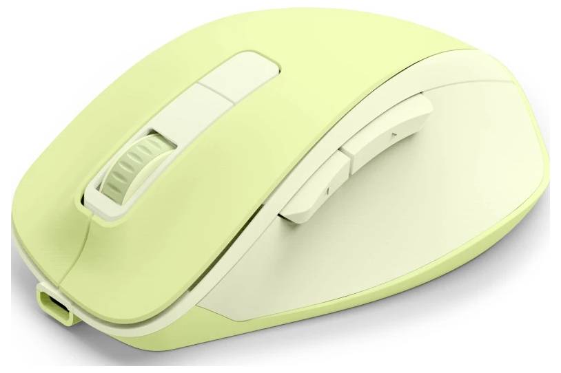 Světle zelená a bílá bezdrátová počítačová myš s kolečkem pro posun a bočními tlačítky, navržená pro ergonomický komfort.