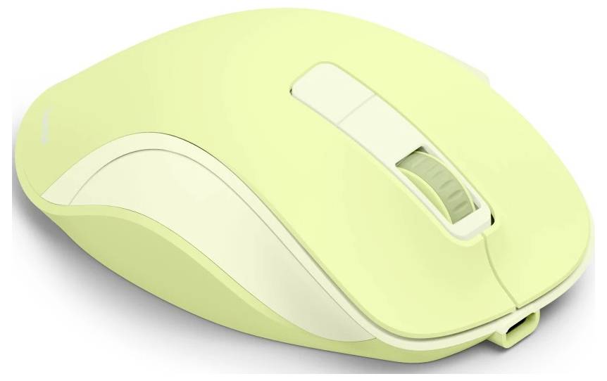 Světle zelená bezdrátová počítačová myš s rolovacím kolečkem a hladkým ergonomickým designem.