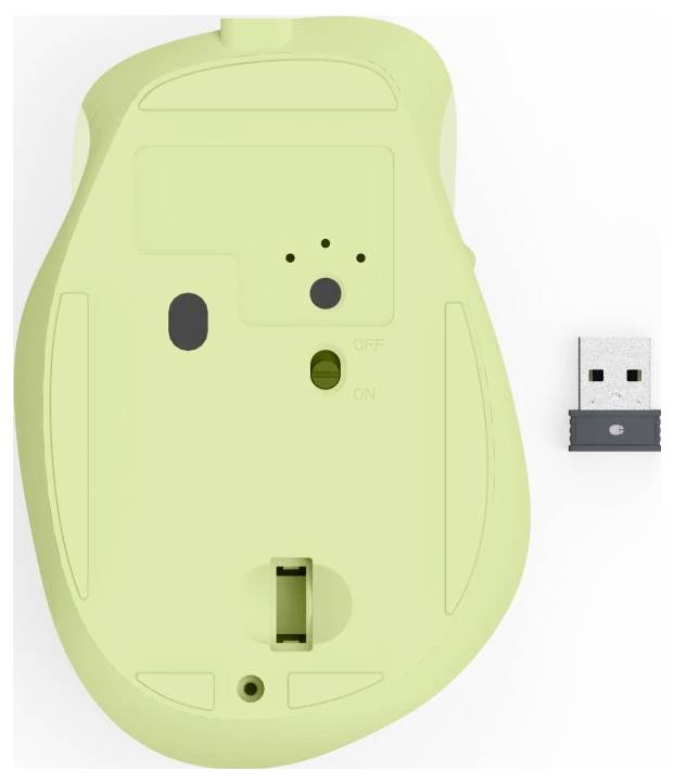 Zelená bezdrátová počítačová myš pohledem zespodu, s vypínačem a USB přijímačem umístěným vedle něj pro připojení.