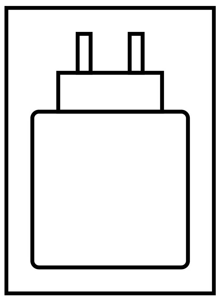 Liniová kresba napájecího adaptéru se dvěma kolíky a obdélníkovým pouzdrem. Jednoduchý, minimalistický design.