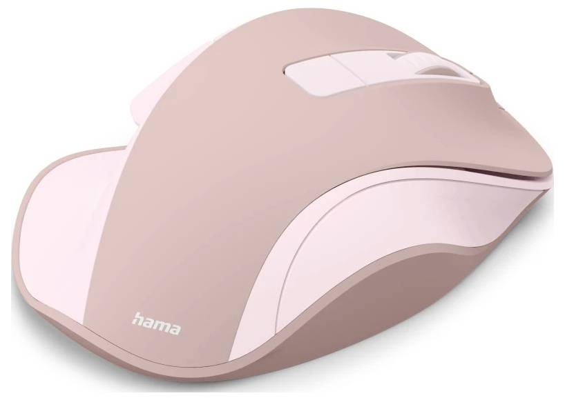 Růžová bezdrátová počítačová myš s ergonomickým designem a rolovacím kolečkem, na které je zobrazeno jméno značky.