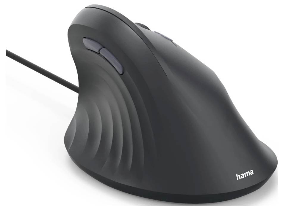 Ergonomická vertikální černá počítačová myš s kabelem, navržená pro pohodlné umístění ruky, s bočními tlačítky.