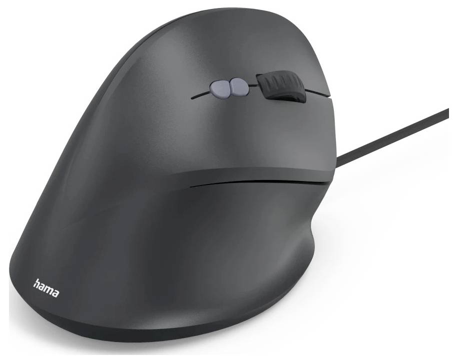 Ergonomická vertikální počítačová myš s zakřiveným designem, vybavená rolovacím kolečkem a dvěma postranními klikacími tlačítky.