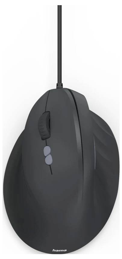 Vertikální ergonomická myš s elegantním černým designem, rolovacím kolečkem a dvěma tlačítky pod palcem, propojená pomocí kabelu.